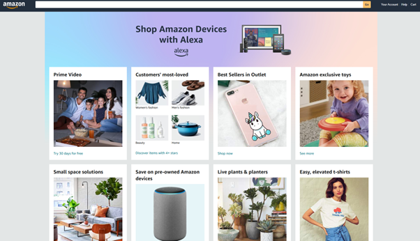 Amazon homepage showcasing its minimalist design, clear product categories, and prominent search bar.