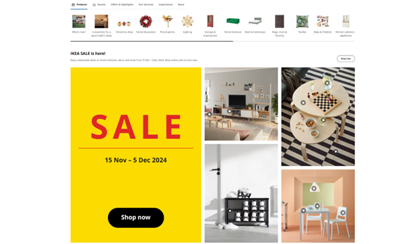 IKEA website showcasing a living room with shoppable furniture items, demonstrating their use of interactive design and room planning tools.